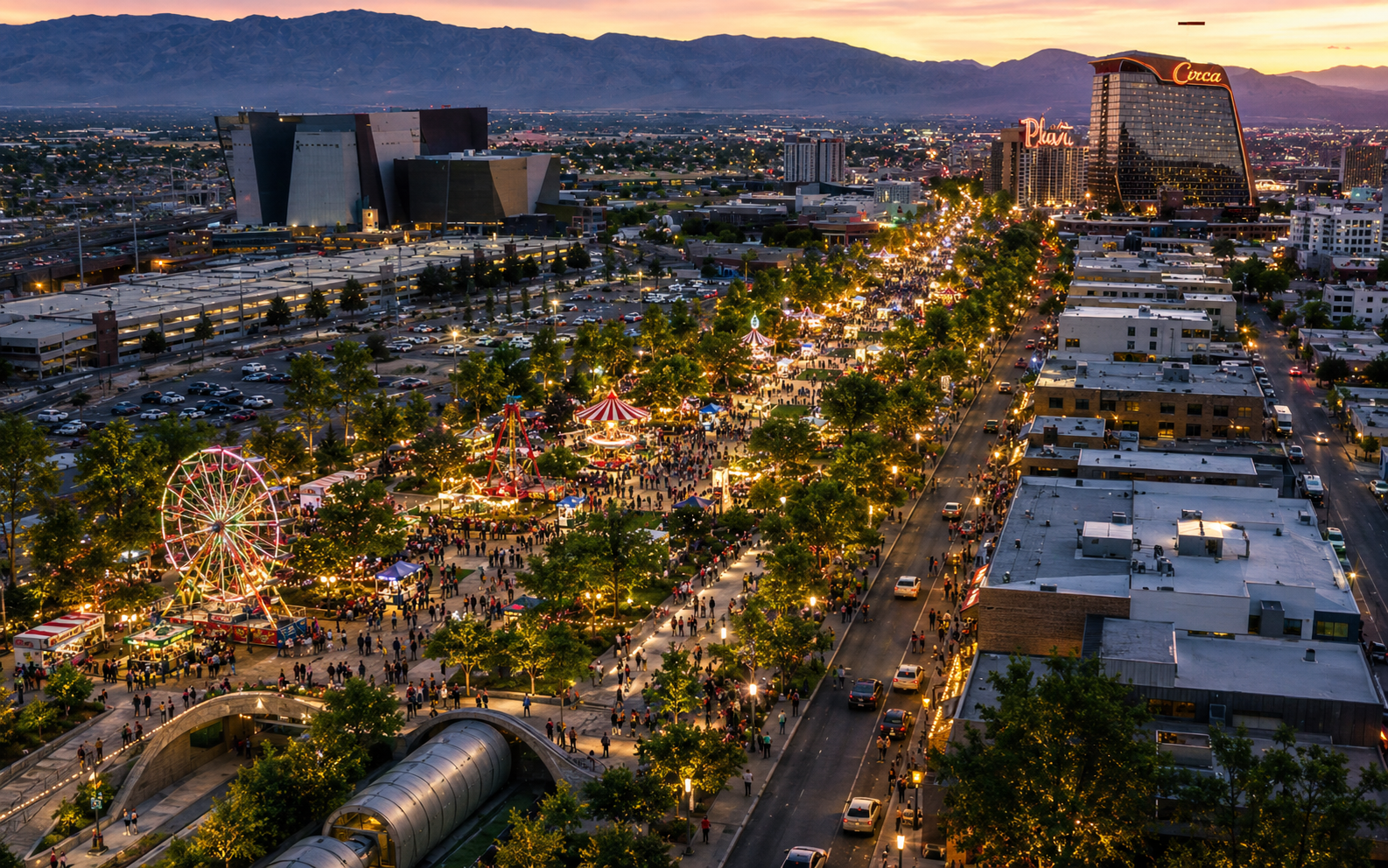 Closer aerial view of the proposed Low Line corridor and surrounding downtown blocks
