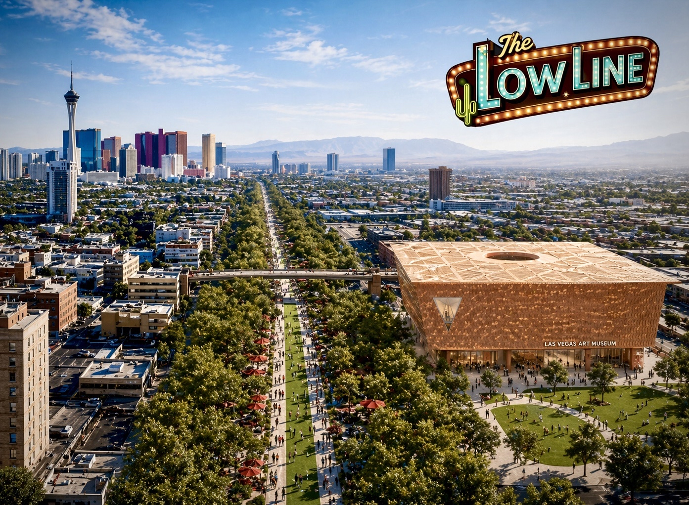 Low Line concept with Downtown Las Vegas skyline and Las Vegas Art Museum